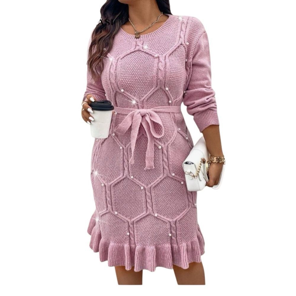 SHEIN Clasi Plus Size Pearl Flounce Hem Sweater Knit Dress Pink - Picture 2 of 12